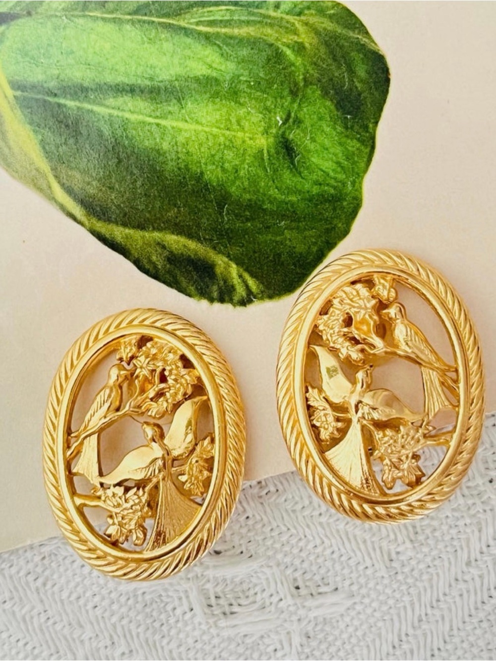 Christian Dior Vintage Large Oval Openwork Two Bird Flower Leaf Branch Earrings